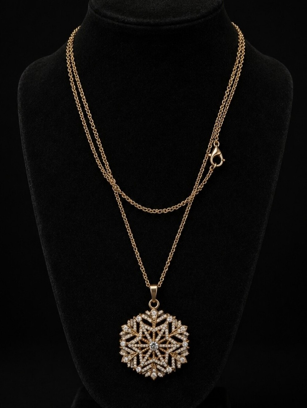 Large SNOWFLAKE Brilliant Clear Rhinestone Gold Tone Dual Link Chain Necklace